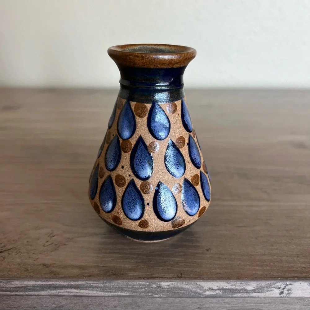 Mexico Clay Mini Vase Mexican Hand Painted Blue Tear Drop Design 3 7/8”H